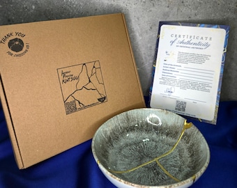 Handmade Kintsugi Bowl: Grey Ceramic Wabi Sabi Art with Gold Repair, Christmas Gift