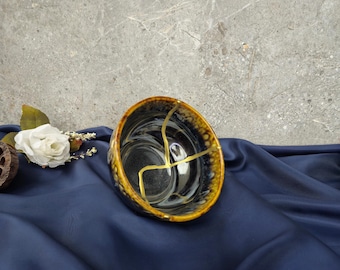 Handmade Kintsugi Bowl: Dark Blue Ceramic with Gold Repair