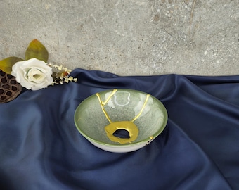 Kintsugi Green Ceramic Bowl: Japanese Gold Repair Art, Wabi Sabi Decor