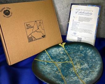 Handmade Kintsugi Plate: Blue Ceramic Wabi Sabi Art, Japanese Gold Repair, Christmas Gift Decor