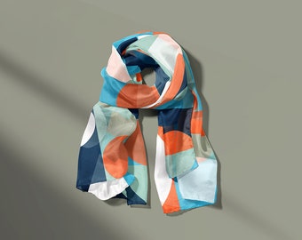 Mid-Century Modern Teal, blue and orange Botanic Silk Scarf