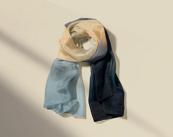 Steel Blue, Navy & Coral Gradient Botanic Silk Scarf