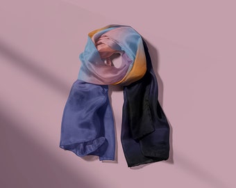 Deep Purple, Pink, Blue and Orange Gradient Botanic Silk Scarf