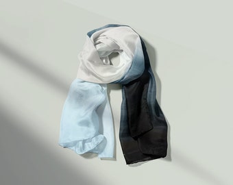 Navy and Light Blue Gradient Botanic Silk Scarf