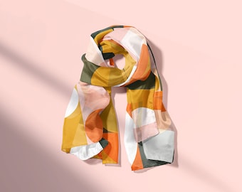 Mid-Century Modern Olive, Mustard, Pink and Orange Botanic Silk Scarf