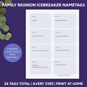 Family Reunion Name Tags with Conversation Starters - 3 Sheets 24 Tags - Printable Icebreaker Name Tags - Avery 5395 Compatible