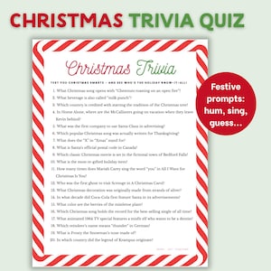 May include: A Christmas Trivia Quiz with a red and white striped border. The quiz features questions about Christmas songs, films, and traditions. A red circle with "Festive prompts: hum, sing, guess..." is on the right.