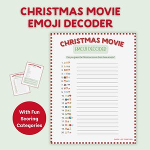 Peut inclure: Une feuille de jeu de décodage d'émojis de films de Noël avec une bordure pointillée rouge et blanche. La feuille comprend une liste d'émojis à décoder, avec de l'espace pour les réponses. Les mots "Christmas Movie Emoji Decoder" sont en haut.