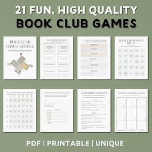 Zestaw gier Book Club, zabawne gry do wydrukowania, gry na rozgrzewkę, zajęcia grupowe dla czytelników, gry imprezowe, natychmiastowe pobieranie