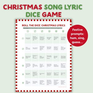 Può includere: Un gioco di dadi con testi di canzoni natalizie con un bordo rosso e bianco. Il gioco include suggerimenti per canticchiare, cantare e indovinare i testi delle canzoni natalizie. Il gioco è progettato per essere giocato tirando due dadi.