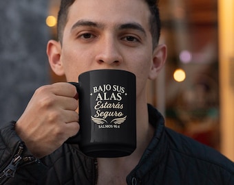 Salmos 91:4 Christian Black Mug, Biblical Gift of Faith, 15oz