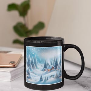 Winter Wonderland Scene Mug, Snowy Christmas Gift, 15 Oz Black Cup