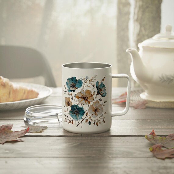Thermo-Kaffeebecher mit Blumenmuster: Edelstahl-Reisebecher, auslaufsicherer Deckel