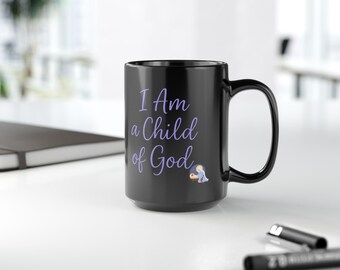 Taza "Niño de Dios": Taza de café cristiana negra, regalo de bautismo