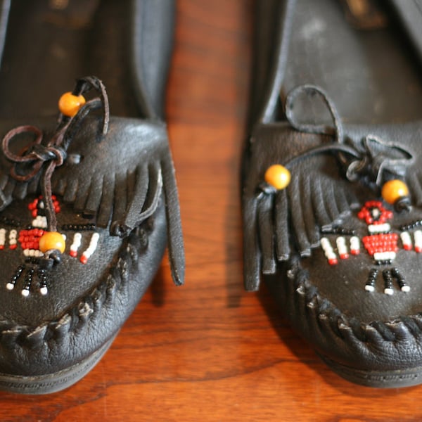 Black Beaded Moccasins Native American Indian Leather 8.5