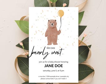 We Can Bearly Wait - invito per baby shower per bambino, modello modificabile da scaricare, orsacchiotto, file Canva DIGITAL