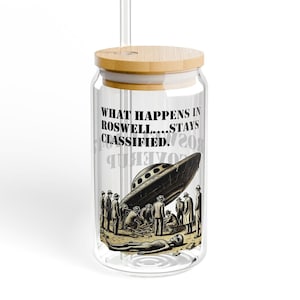 1947 Roswell UFO Coverup 16oz Sipper Glass, UFO crash, contact, coverup, UFO Glassware, Alien, xfiles, Sci fi, conspiracy, x files, space