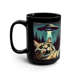 Taza divertida con forma de gato, ovni, abducción extraterrestre, ciencia ficción, conspiración, platillo volador, humor, espacio y regalo extraterrestre, Scully Mulder, ovni imagen 2