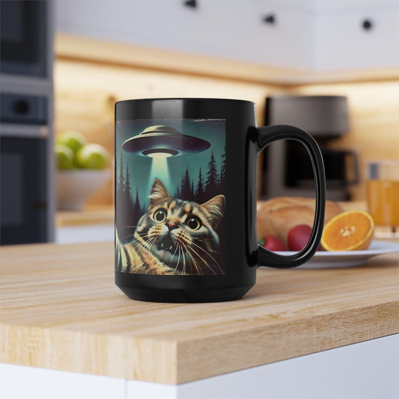 Taza divertida con forma de gato, ovni, abducción extraterrestre, ciencia ficción, conspiración, platillo volador, humor, espacio y regalo extraterrestre, Scully Mulder, ovni imagen 1