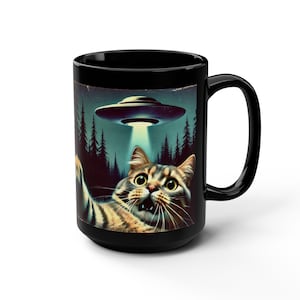 Taza divertida con forma de gato, ovni, abducción extraterrestre, ciencia ficción, conspiración, platillo volador, humor, espacio y regalo extraterrestre, Scully Mulder, ovni imagen 3