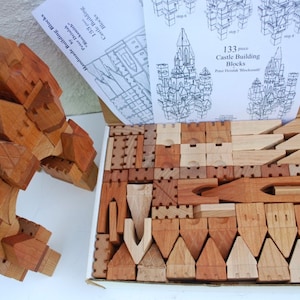 Detailed Cherry & Maple, 133pc Castle Building Blocks, for All Ages, family owned and operated, handmade in the USA
