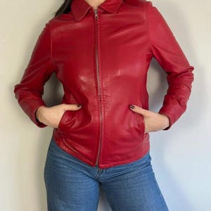 Vintage 90s Red Leather Moto Jacket – Fitted Biker Style Women’s Jacket – Retro Genuine Leather Motorcycle Coat