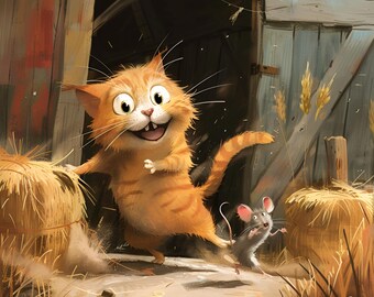 Katzen- und Maus-Spiele 2K Bild (Download) AI Cartoon Kunst für Zuhause, Büro, Computer, Handy, Wallpaper