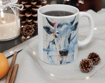 Kuh Becher 11 Unzen - Schöne künstlerische Rinder Kuh abstrakte Kunst, Keramik Kaffeetasse, Bauernhaus Küche Dekor, Geschenk für Kuh-Liebhaber, Kuh Print Becher