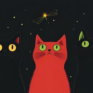 May include: Three cats, one black, one red, and one black, are looking up at a yellow dragonfly with green wings against a black background.