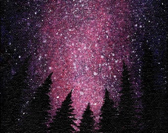 Purple Galaxy Tree Painting, Night Sky Silhouette, Pink Black, Landscape Scene, Original Nature Art, Acrylic Canvas, 5x7 Small Wall Art