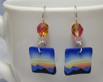 Seconds Sale- Mountain Sunset Dangle Earrings, Landscape Scene, Blue Pink Yellow, Polymer Clay Cane, Beaded Art Jewelry, Unique Women's Gift