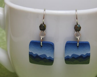 Seconds Sale - Mountain Dangle Earrings, Blue & Green, Polymer Clay, Beaded Jewelry, Landscape Scene, Art Jewelry, Unique Women's Gift