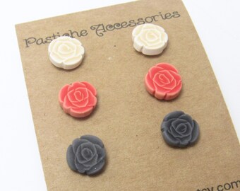 Rose Stud Earrings, Flower Post Earring Set, Red Black White, Polymer Clay, Colorful Floral Jewelry, Unique Womens Gift, Rockabilly