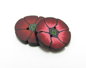 Handmade Poppy Buttons, Flower Buttons, Red Pink Black, Polymer Clay, Accent Button, Sewing Supply, Knit Crochet Supplies, Button Set