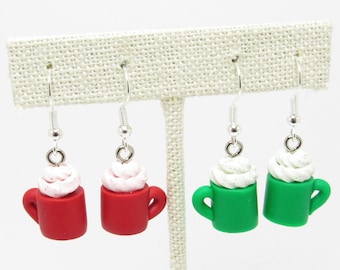 Coffee Dangle Earrings, Christmas & St Patricks Day, Red Green White, Polymer Clay, Hand Sculpted, Mini Food Jewelry, Coffee Lover Gift