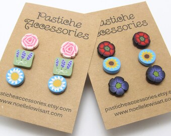 Floral Stud Earring Set, Flower Post Earrings, Polymer Clay, Unique Womens Gift, Rose Daisy Lavender, Poppy Sunflower Violet, Multi Color