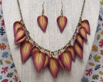 Fall Leaf Statement Necklace, Burgundy Orange Yellow, Polymer Clay, Nature Jewelry, Autumn Leaves, Unique Womens Gift, Earrings Set