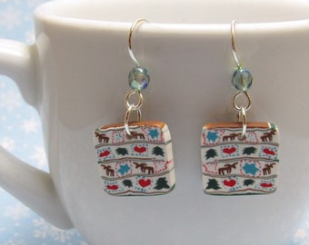 Fairisle Dangle Earrings, Fair Isle, Moose & Trees, White Multi, Polymer Clay, Unique Women's Jewelry, Christmas Gift, Winter Scene