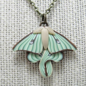 Luna Moth Pendant Necklace, Green Brown Beige, Polymer Clay, Realistic Nature Jewelry, Unique Womens Gift, Bug Lover Gift