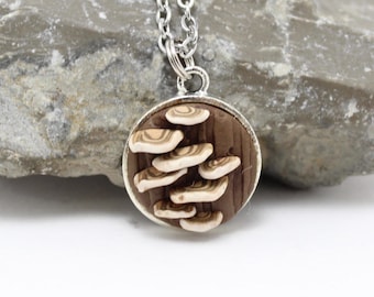 Turkey Tail Mushroom Pendant Necklace in Brown and Beige Polymer Clay