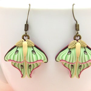 Luna Moth Dangle Earrings, Green Pink & Beige, Polymer Clay, Realistic Nature Jewelry, Unique Women Gift, Insect Lover Gift, Giant Silk Moth