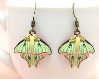 Luna Moth Dangle Earrings, Green Pink & Beige, Polymer Clay, Realistic Nature Jewelry, Unique Women Gift, Insect Lover Gift, Giant Silk Moth