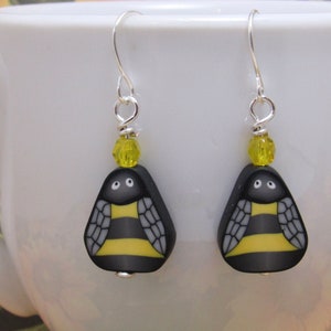 Beaded Bumblebee Dangle Earrings, Bee Drop Earrings, Yellow Black, Polymer Clay, Cute Bug Insect, Nature Jewelry, Unique Womens Gift