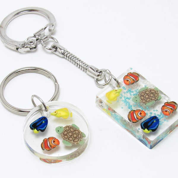 Aquarium Fish Keychain, Sea Life Keyring, Clear Resin & Polymer Clay, Blue Orange Yellow, Summer Accessory, Girl Gift, Turtle Clownfish Tang