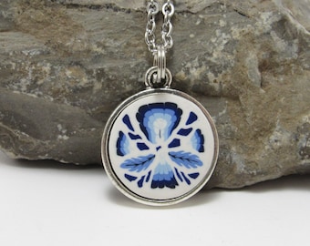 Faux Porcelain Necklace, Blue White Floral, Polymer Clay Cane, Vintage Style, Unique Women Gift, Small Lightweight Pendant
