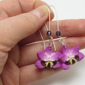 Orchid Dangle Earrings, Magenta Flower Earrings, Polymer Clay Cane, Floral Nature Jewelry, Unique Womens Gift, Phalaenopsis Moth Orchid image 3