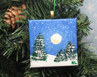 Winter Night Ornament, Snowy Tree Scene, Mini Landscape Painting, Hand Painted Ornament, Original Art, Unique Christmas Gift