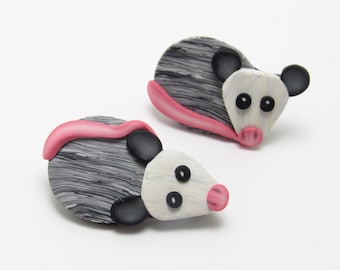 Opossum Brooch, Possum Pin, White Black Gray & Pink, Polymer Clay, Nature Inspired, Unique Womens Gift, Cute Animal Jewelry, Wildlife