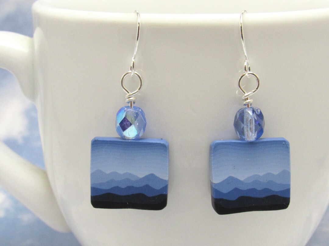 Beaded Blue Ridge Mountain Dangle Earrings, Polymer Clay, Landscape ...