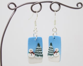 Winter Landscape Polymer Clay Earrings with Snowman and Tree